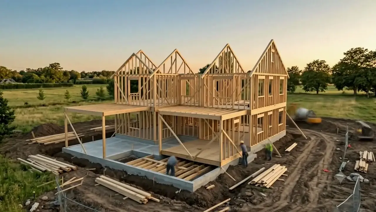 Crane lifting timber framing on a house under construction